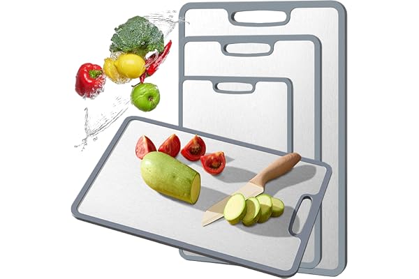 Planche à découper en titane double face antidérapante avec bordure en silicone pur pour cuisine – Planche à découper double face de qualité alimentaire antiadhésive, durable et facile à nettoyer