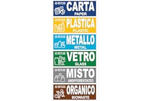 Longivia® 6 Adesivi Raccolta Differenziata Formato 15 cm x 5 cm - Etichette per Contenitori Rifiuti in Italiano e Inglese - Adesivo per Riciclo Lavabile Antigraffio Resistente (6 pezzi, 15cm x 5cm)