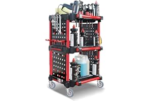 E-GREETSHOPPING Cleaning Trolley Heavy Duty Tool Trolley on Wheels, 3-Tier Rolling Tool Cart for Auto Wash & Repair, Car Detailing, Warehouse Mobile Service Cart, for Workshop, Garage, Tool Storage, 200KG Capacity
