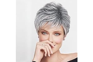 BECUS Perruque Femme Courte Grise Ombrée pour Femme Cheveux Synthétiques Péruque Naturel Femme Avec frange Usage Quotidien Cosplay