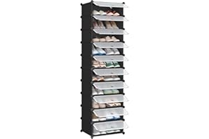 SONGMICS Meuble à Chaussures avec 10 Compartiments Rectangulaires, pour 20 Paires, Étagère Modulable en Plastique, Boîte à Chaussures, avec Porte, Maillet, Rangement, Noir LPC10HV1