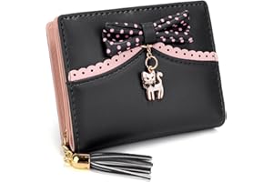 UTO Portafoglio piegatura per Ragazza con Gatto Fiocco, Pelle sintetica di bella disegno stampa,nero e rosa