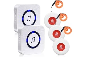 Bouton d'appel d'urgence pour Seniors/Sonnette d'urgence étanche/Appel d'urgence Maison Seniors/SOS sans Fil pour Personnes nécessitant des Soins Patient âgé 2 récepteurs + 3 Boutons d'appel