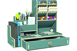 Notwoe Drewniany organizer na biurko, pojemnik na długopisy, z szufladą, duża pojemność, organizer na biurko, do domu, biura i szkoły (niebieski)