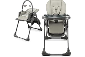 Kinderkraft Tummie, 2-in-1 high Chair, Baby Chair, Bouncer, Ergonomic, Comfortable, Reclining, Foldable, with Ajustable Height, Footrest, Detachable Tray, for Toddler, with Toys, Gray