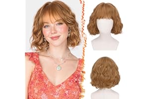 BARSDAR Short Wavy Golden Ginger Wig with Bangs - Short Golden Ginger Bob Wigs for Women - Curly Wavy Textured French Bob Wig with Bangs Soft Synthetic Natural Looking Face-Framing Daily