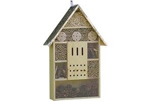 Gardenesque 60cm Hanging Four Floor Wooden Insect Hotel with Metal Roof, Bamboo Tunnels, Dry Bark and Pine Cones - Beautiful Artistic Garden Centrepiece - L38 x W11.5 x H57 cm