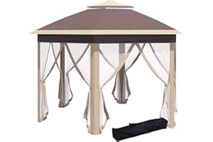 Outsunny Pavillon 4x4m Wasserdicht Pop-up sechseckiger Faltpavillon, Doppeldach, Gartenpavillon mit 6 Seitenteilen, Partyzelt inkl. Tragetasche, für Garten, Terrasse, Festival, Beige+Khaki