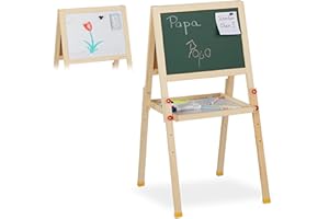 Relaxdays Lavagnetta per Bambini, Doppia, Lavagna Magnetica & in Ardesia, Regolabile, HLP: 77x39x44,5 cm, naturale