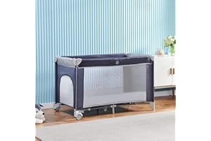 URKITD Baby Travel Cot with Mattress 125 x 66cm, Folding Baby Crib and Playpen (Birth to 3Y), Portable Infant Nursery Center Playard with Wheels, Carrying Bag, Toddler Travel Bed, Black-Grey