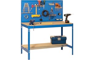 Simon Rack Banco de Trabajo Taller, Capacidad Carga 600 kg, 1445x1210x610 mm, Mesa de Trabajo, Azul/Madera - BT2