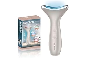 Cecotec Tonificador Facial Eléctrico FaceCare Face&Neck Pro. Cara y cuello, Forma Curvada y Cabezal de Aluminio, 3 Modos, Luz LED Roja, Azul y Verde, 5 Niveles de EMS, Vibración, Calor, IPX6