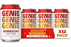 GENIE LIVING DRINKS - Kombucha, Delicious Soft Drinks, Fermented 10 Days for Gut Health, 100% Vegan, No Sweeteners, No Nasties, Made in the UK, Natural Energy, 330ml Cans, Fiery Ginger x 12