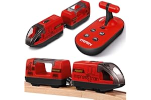 MEXGCOM Acsatont Elektrisches Zugspielzeug, Kompatibel mit Thomas, Brio, Eisenbahn Elektrische lok Holzeisenbahn Zug (Magnetanschluss), Motorisierter Zug Fernbedienung mit 4 Sound- und Lichteffekten (Rot)