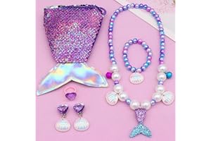 KARLOR Girls Jewellery Set Mermaid Children's Jewellery Set Mermaid Bracelet Beads Necklace Clip On Earrings Purple Handbag Mermaid Girls Birthday Gift Mermaid Party Bag