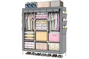 LOEFME Large Fabric Canvas Wardrobe With Clothes Hanging Rail Shelves Storage Cupboard Unit 18 Side Pocket Folding Potable Closet 130 x 45 x 175CM Gray