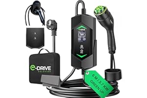 Chargeur Voiture Electrique 16 A [3.7 KW, 6M ] Compatible Prise Green up & Skudo-Écran LCD + Départ Différé + Support & Câble Type 2 - E-Drive Solution Marque Française