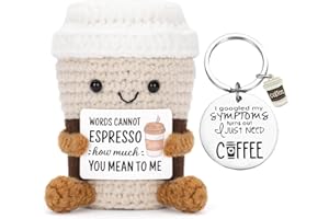 Vspek Café Positivo, Llavero, Muñecas de Punto, Apoyo Emocional Crochet Café con Tarjeta, Regalos Originales para Mujer, Hombres, Parejas, Colega, Cumpleaños, Fiesta, Objeto de Oficina