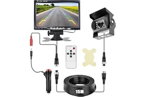 CISSIYOG Kit Caméra de Recul et Moniteur LCD 7 Pouces écran, Vision Nocturne IR Caméra de Recul Filaire étanche avec 18LED, 12V-24V Caméra Filaire avec 15M Câble, pour Camping Car, Camions, Remorques, Bus