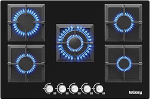 IsEasy Plaque de Cuisson Gaz 5 Feuxs, Plaque Gaz 5 Feux, Table de Cuisson à Gazs 77cm Encastrable, 10500W, Gazs ville et bouteille