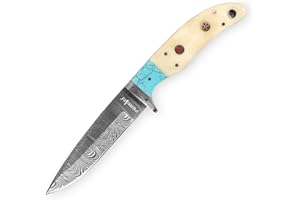 PERKIN Coltello da caccia effetto damasco fatto a mano, manico turchese in osso.