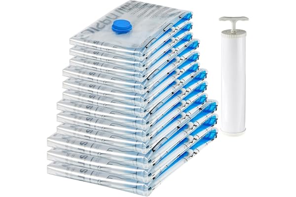 Amazon Basics bolsas de vacío para almacenamiento, incluyen boca para aspirador, 12 Unidad, 3 extragrandes, 3 grandes, 3 medianas y 3 pequeñas, Cremallera, Blanco