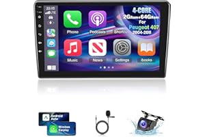 NHOPEEW Autoradio Android 2+64G pour Peugeot 407 2004-2011 avec Carplay et Android Auto - Radio de Voiture de 9 Pouces Compatible WiFi GPS Commande au Volant Thèmes Multiples + Caméra de recul et Micro
