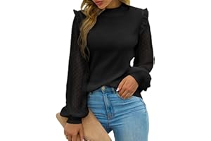 Blooming Jelly Womens Jumpers Mock Neck Tops Lantern Long Sleeve Ruffle Pullover Casual Sweatshirts