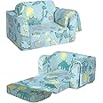 MeMoreCool Kids Couch Sofa, Folding Toddler Chair Bed, Soft Plush Fold Out Kids Armchair Sofa Glow in The Dark, Comfy Baby Recliner for Girls Boys, Glowing Dinosaur, Blue