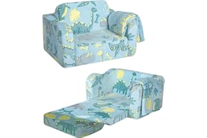 MeMoreCool Divano letto per bambini, poltrona letto pieghevole in morbido peluche, si illumina al buio, comoda poltrona reclinabile per ragazze e ragazzi, dinosauro luminoso, blu