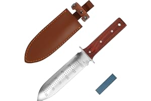 FLORA GUARD Hori Hori Couteau de jardin, Outil Multi-Fonction de Jardin idéal pour désherber, creuser, planter et plus encore, avec un fourreau en cuir épais et une pierre à aiguiser
