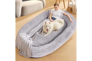 NESTROAD Hundebett für Mensch & Hund,180x114x35cm,waschbarer Kunstfellbezug mit Decke und Kissen,extra großes Sitzsackbett in Menschengröße,Grau