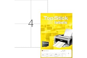 TopStick 8409 Etichette universali A4 (105 x 148 mm, 25 fogli, carta, opache) autoadesive, stampabili, adesivi permanenti per indirizzi, 100 etichette di spedizione, bianche