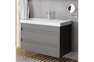 ‎KAREN BANYO Karen Waschtisch mit Unterschrank Lara | Keramikwaschbecken | Unterschrank | Badmöbel | Aufsatzwaschbecken | Konsolenwaschtisch | Minimalistisch | Badezimmer Anthrazit (Lara 80)