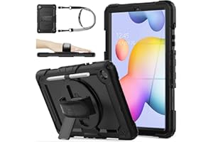 SEYMAC stock Case for Samsung Galaxy Tab S6 Lite 10.4 Inch 2024/2022/2020, Full Body Shockproof S6 Lite Case with Screen Protector, 360 Rotating Hand Strap/Stand, Pen Holder, Shoulder Strap, Black