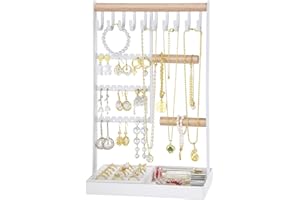 mepure Jewellery Stand Holder,4-Tier Necklace Display Stand with Earring&Rings Velvet Tray,Jewelry Stand for Womens Gift,10 Hooks Jewellery Organiser for Necklaces,Bracelets,Earrings,Rings