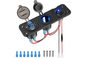 Linkstyle USB Car Charger Socket Panel, Dual 18W QC3.0 & 27W PD Ports Power Outlet with 150W/250W Cigarette Lighter Socket & LED Voltmeter Toggle Switch for 12V/24V Truck Marine Boat RV ATV