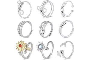 9 st. antistressring set, vridbara silverfärgade fidget anxiety ringar med solrosor, justerbara stressringar för fingrar, tillbehör för avkoppling (Silver-A)