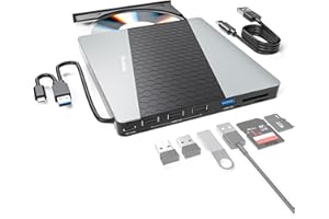 SUIDEK Lecteur de CD/DVD Externe, Graveur de CD/DVD +/-RW USB 3.0 et USB-C pour Ordinateur Portable, avec Lecteur de Cartes SD/Micro SD et hub 8 en 1, Compatible avec Mac, PC, Windows et Linux