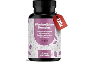 ‎BLOOM NATURALS BEAUTY SUPPLEMENTS Wechseljahre Kapseln - 120 Kapseln - Meno Komplex Wechseljahre mit Yamswurzel, Rotklee, Mönchspfeffer, Folsäure & Vitaminen - Vegan & produziert in Deutschland- Verpackung kann variieren