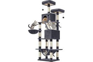 Feandrea Cat Tree, 206 cm Large Cat Tower Condo with 13 Scratching Posts, 1 Scratching Ramp, 2 Perches, 2 Caves, Basket, Hammock, Pompoms, Smoky Grey PCT190G01V1