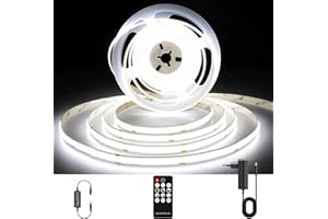 AXMOTUT Striscia LED COB 5 metri 24V, Striscia LED Bianco Freddo 6000K, 320LEDs/m, Larghezza 8mm, CRI90+, con Alimentatore, Telecomando RF, luci led per Cucina, Soggiorno, Feste, Bar