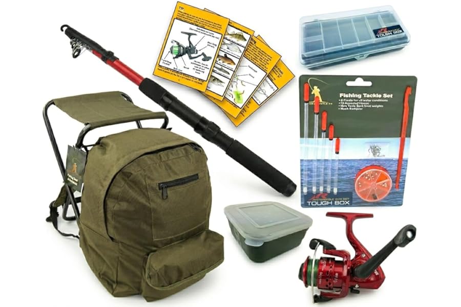 Roddarch Junior Complete Fishing Kit with Folding Stool Backpack 2m Telescopic Rod, Pre-Spooled Reel & Loaded Tackle Box All-in-One Kids Beginner Angling Set for Outdoor Adventures