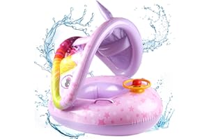 DONGQI Flotador Inflable, Anillo de Natación con Parasol Desmontable y Volante, Hinchables de Piscina Apto para niños de 6 a 36 Meses