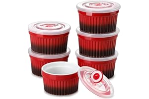 vancasso Ramequins avec Couvercles Lot, 6 X 260 ML Ramequins et Moules à Soufflés en Porcelaine, Ramequin Creme Brulee pour Muffin et Gâteau, Ramequin Four à Crème, Sauce, Fruit, Ø10.1 CM - Rouge