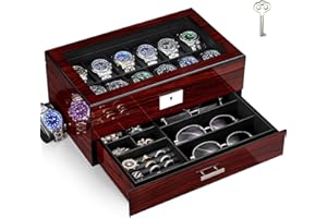 ANWBROAD Uhrenetuis Für Herren Uhrenbox Mit 12 Fächern und Großem Glasdeckel 2 Stufige Uhrenvitrine Abschließbarer Uhren Organizer Luxuriöser Uhrenhalter für Geschenk Geeignet JWB003Y