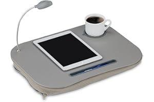 Relaxdays Support pour pc Genoux pour Ordinateur Portable Table de lit + Lampe + Porte gobelet, Gris