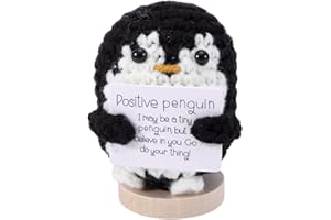 TOYMIS Divertente Pinguino Positivo, 6cm Pinguino Uncinetto con Biglietto Positivo e Base in Legno Pinguino Lavorato a Maglia Animale all'Uncinetto Patata Positiva Regali di Incoraggiamento (Nero)