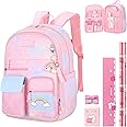 Aedcbaide School Bags for Girls with Stationery Set, Refrigerator Door Kids Backpack Rucksack for Primary School, Lightweight Pink School Bag for 8-10 Years Old