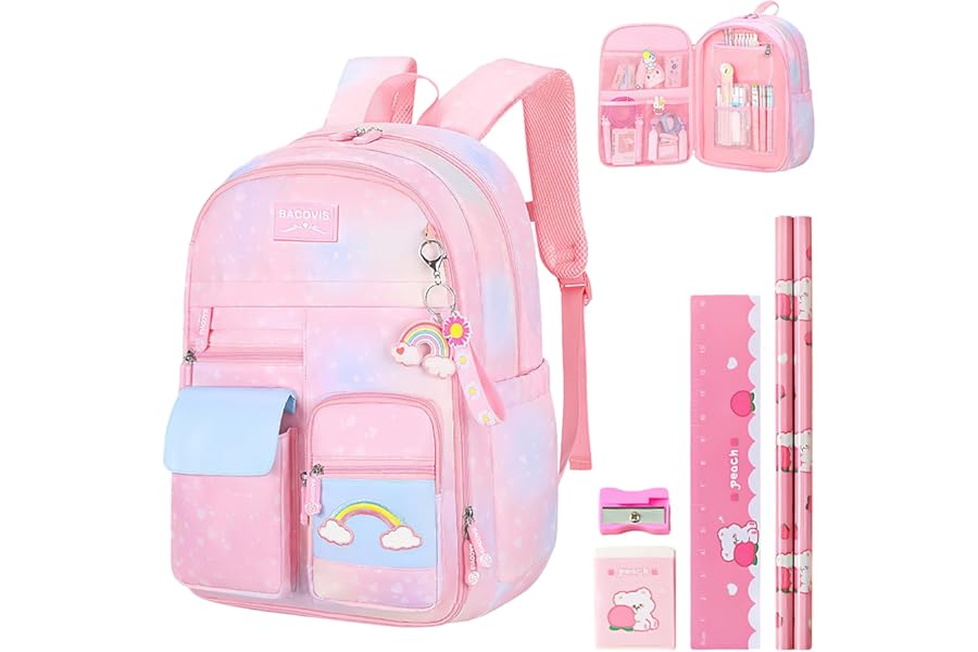 Aedcbaide School Bags for Girls with Stationery Set, Refrigerator Door Kids Backpack Rucksack for Primary School, Lightweight Pink School Bag for 8-10 Years Old